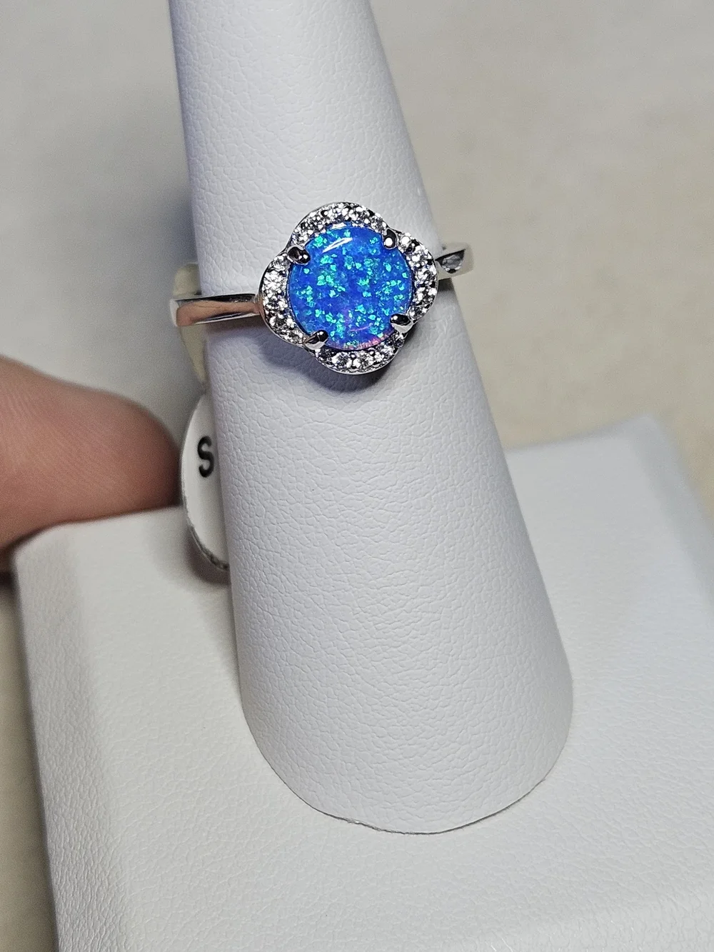 Blue Opal Halo Ring with Cubic Zirconia Accent - 925 Sterling Silver
